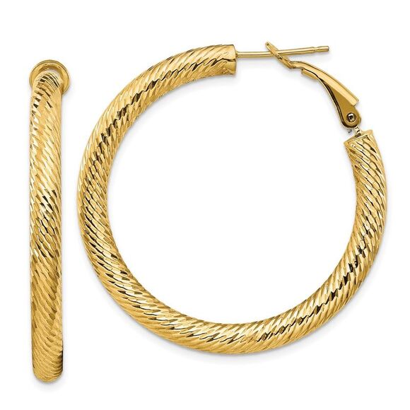 Kazi Luxury 14k Yellow Gold 4x30mm Diamond-cut Round Omega Back Hoop Earrings